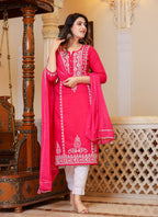Kaajh Women's Pink Hand Embroidered Lucknow Chikankari Kurta Set With Dupatta | Grocsy