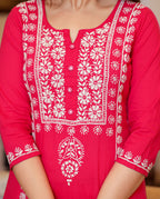 Kaajh Women's Pink Hand Embroidered Lucknow Chikankari Kurta Set With Dupatta | Grocsy