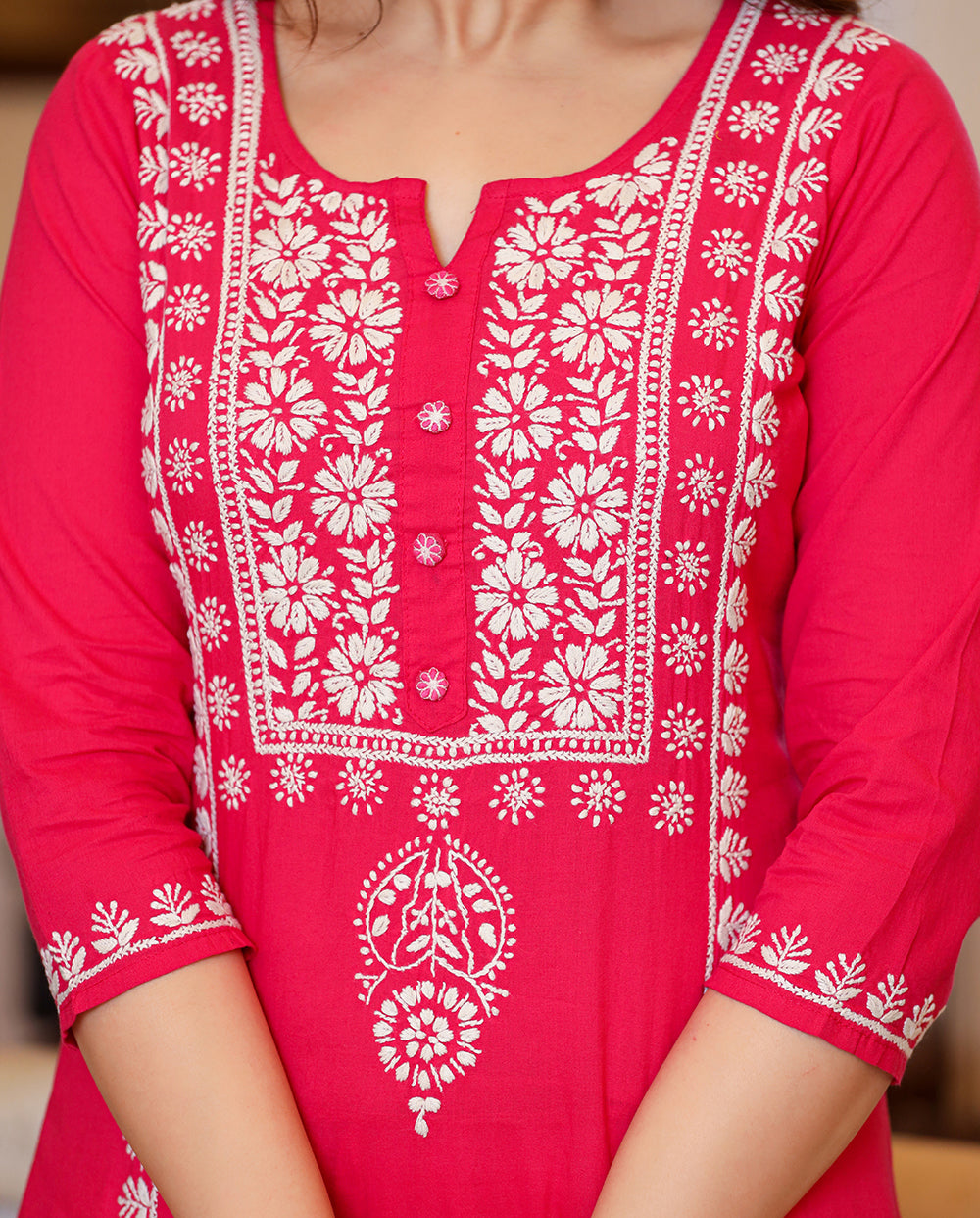 Kaajh Women's Pink Hand Embroidered Lucknow Chikankari Kurta Set With Dupatta | Grocsy
