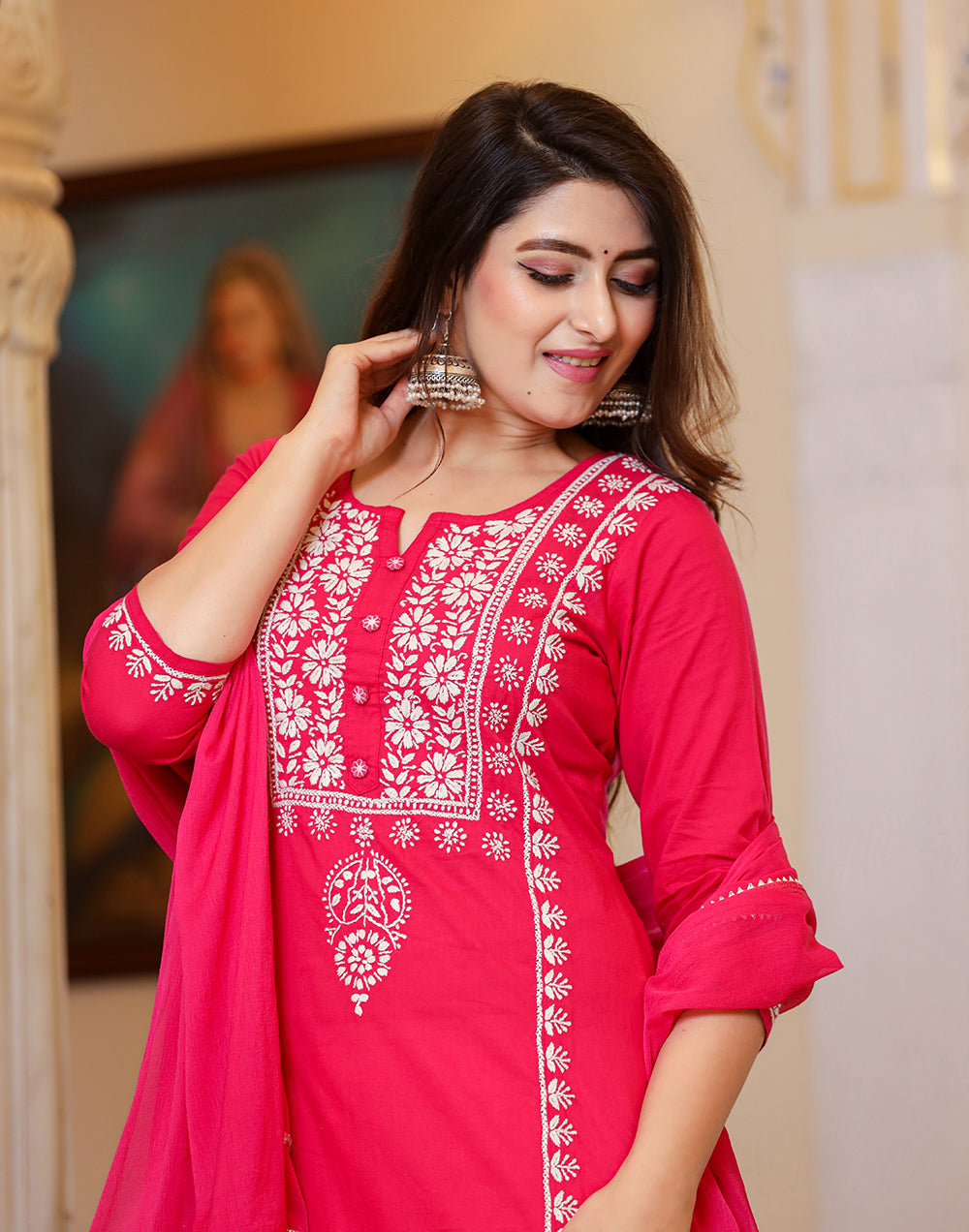 Kaajh Women's Pink Hand Embroidered Lucknow Chikankari Kurta Set With Dupatta | Grocsy