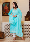 Kaajh Women's Turquoise Hand Embroidered Lucknow Chikankari Kurta Set With Dupatta | Grocsy