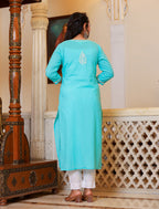 Kaajh Women's Turquoise Hand Embroidered Lucknow Chikankari Kurta Set With Dupatta | Grocsy