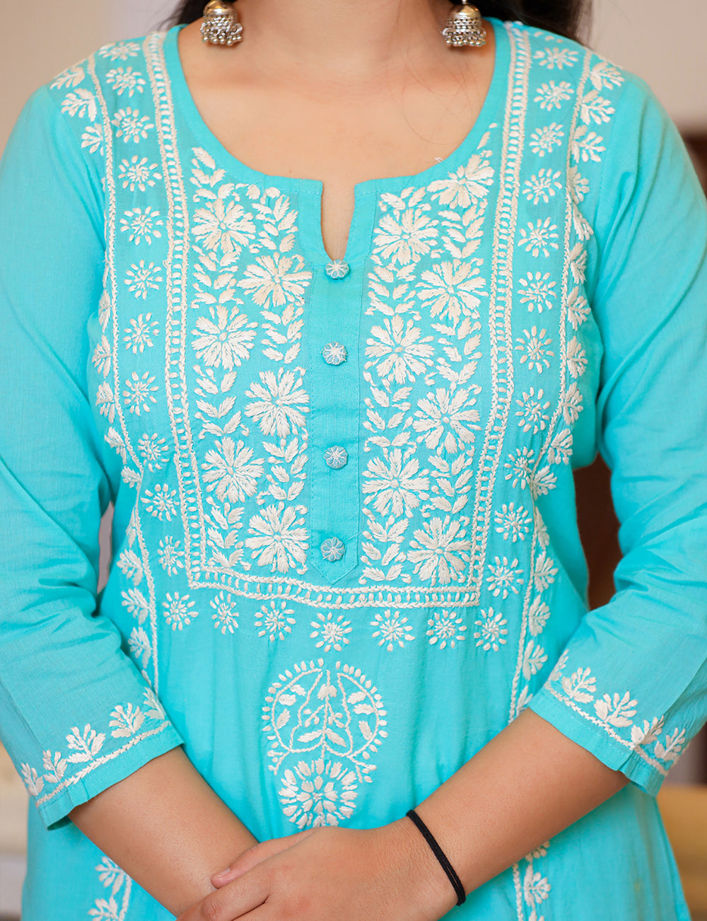 Kaajh Women's Turquoise Hand Embroidered Lucknow Chikankari Kurta Set With Dupatta | Grocsy