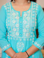 Kaajh Women's Turquoise Hand Embroidered Lucknow Chikankari Kurta Set With Dupatta | Grocsy