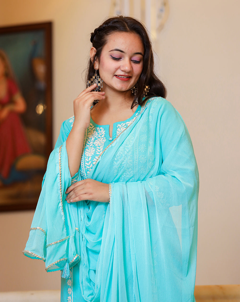 Kaajh Women's Turquoise Hand Embroidered Lucknow Chikankari Kurta Set With Dupatta | Grocsy