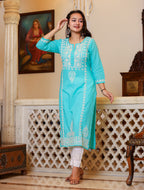 Kaajh Women's Turquoise Hand Embroidered Lucknow Chikankari Kurta Set With Dupatta | Grocsy