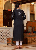 Kaajh Women's Black Lucknow Chikankari Kurta Pant Set With Dupatta | Grocsy