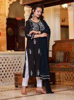 Kaajh Women's Black Lucknow Chikankari Kurta Pant Set With Dupatta | Grocsy