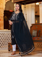 Kaajh Women's Black Lucknow Chikankari Kurta Pant Set With Dupatta | Grocsy