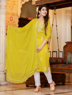 Kaajh Women's Mustard Lucknow Chikankari Kurta Pant Set With Dupatta | Grocsy