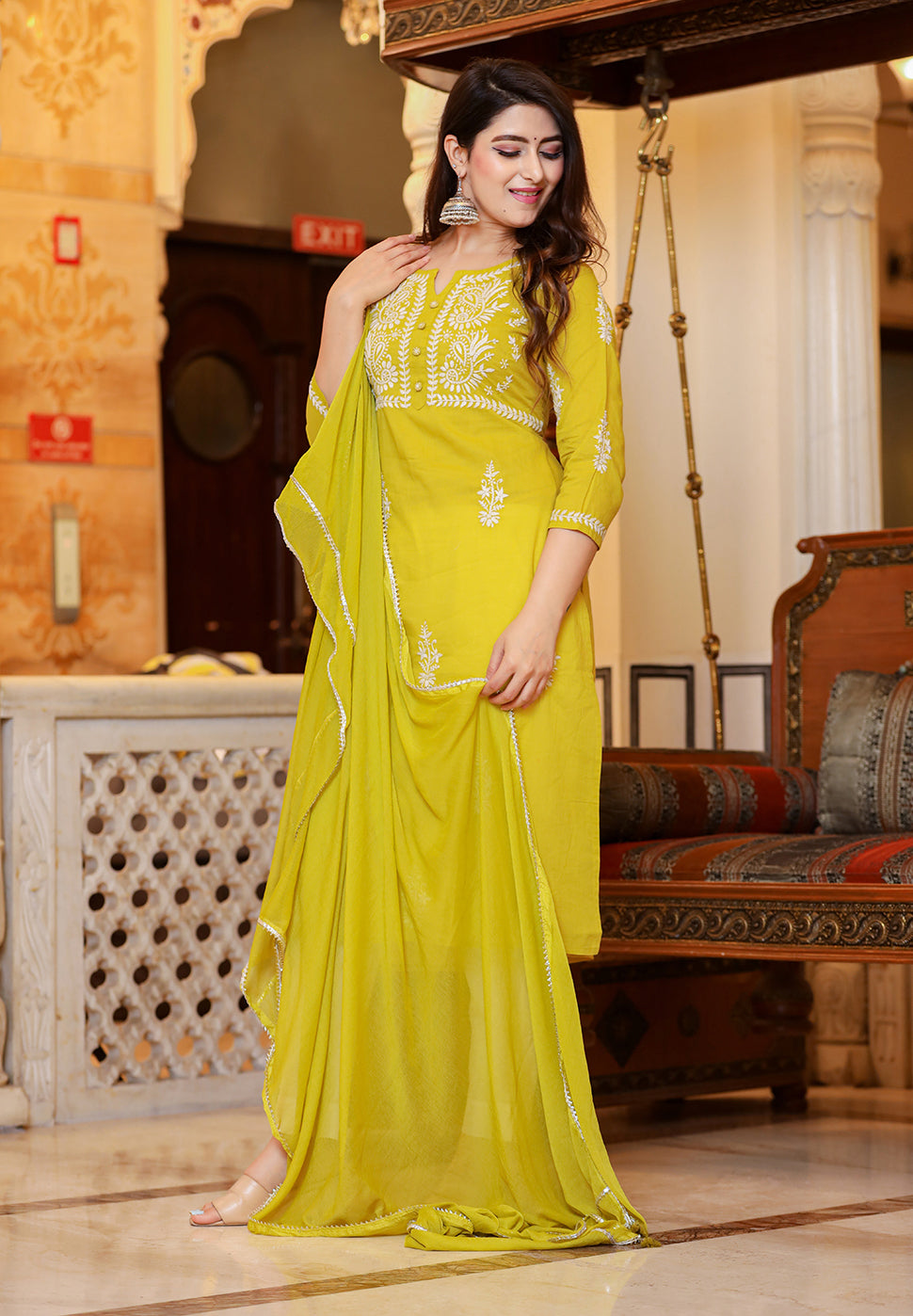 Kaajh Women's Mustard Lucknow Chikankari Kurta Pant Set With Dupatta | Grocsy