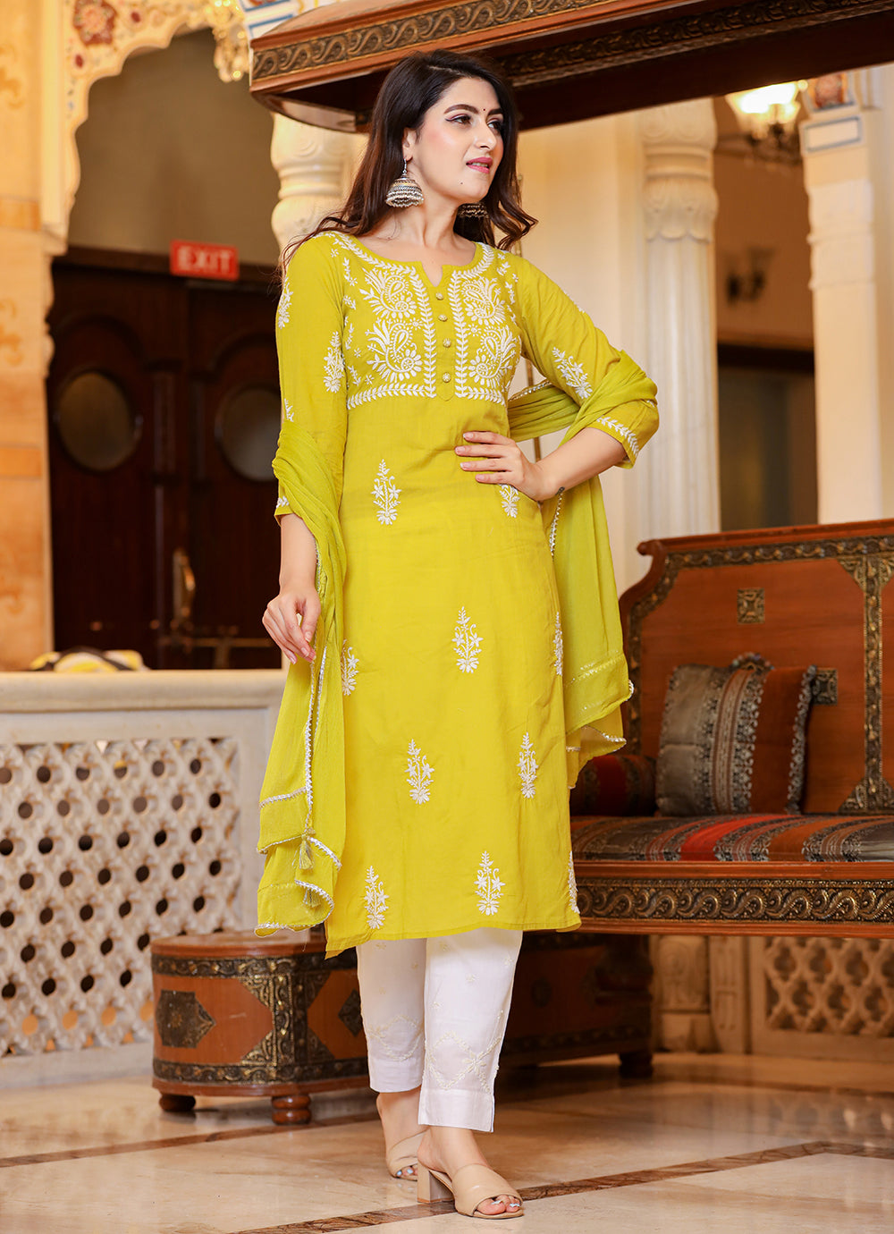 Kaajh Women's Mustard Lucknow Chikankari Kurta Pant Set With Dupatta | Grocsy