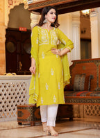 Kaajh Women's Mustard Lucknow Chikankari Kurta Pant Set With Dupatta | Grocsy