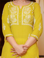 Kaajh Women's Mustard Lucknow Chikankari Kurta Pant Set With Dupatta | Grocsy