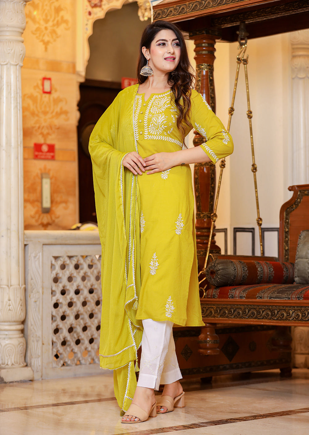 Kaajh Women's Mustard Lucknow Chikankari Kurta Pant Set With Dupatta | Grocsy