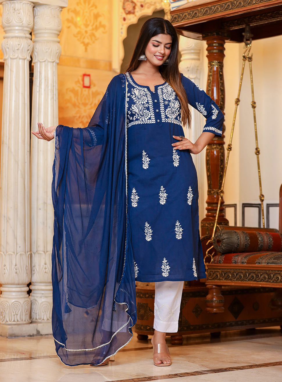 Kaajh Women's Navy Blue Lucknow Chikankari Kurta Pant Set With Dupatta | Grocsy