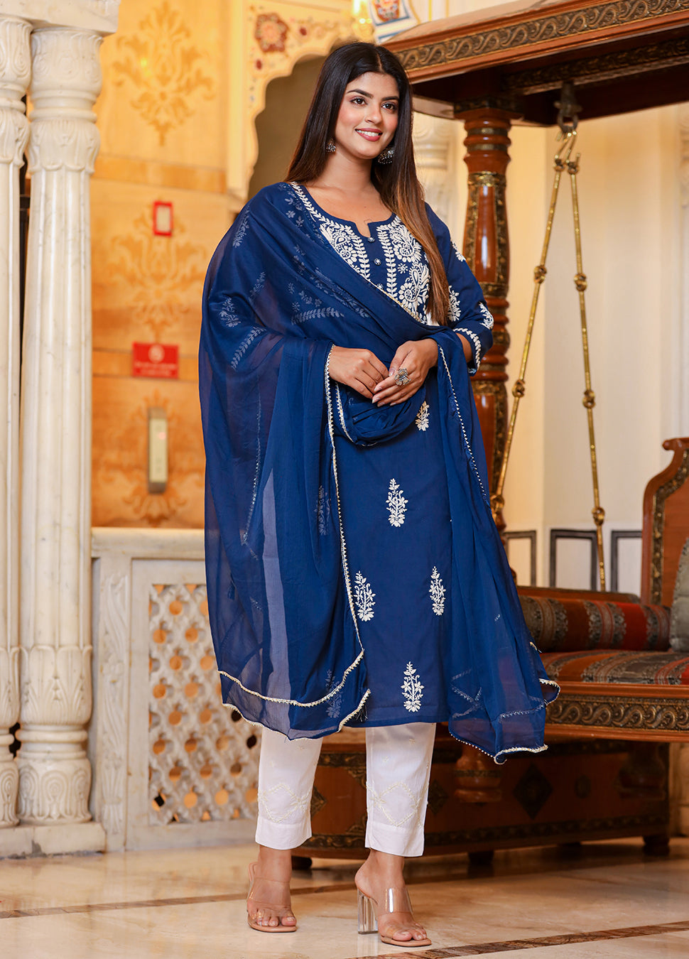 Kaajh Women's Navy Blue Lucknow Chikankari Kurta Pant Set With Dupatta | Grocsy