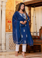 Kaajh Women's Navy Blue Lucknow Chikankari Kurta Pant Set With Dupatta | Grocsy