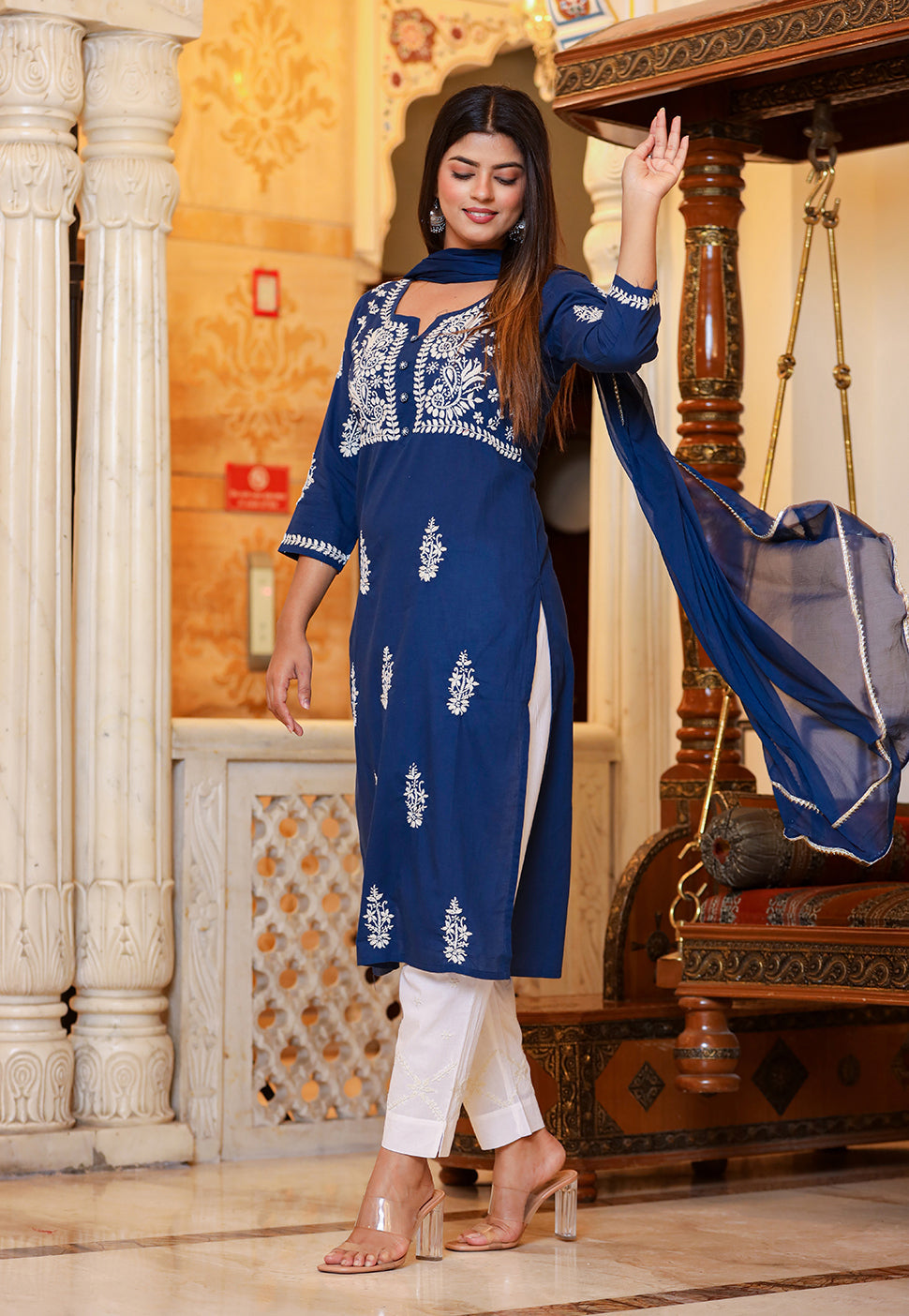Kaajh Women's Navy Blue Lucknow Chikankari Kurta Pant Set With Dupatta | Grocsy