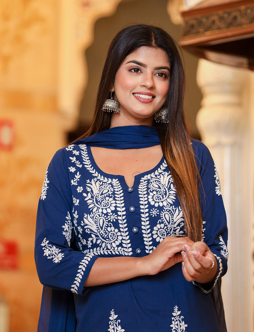 Kaajh Women's Navy Blue Lucknow Chikankari Kurta Pant Set With Dupatta | Grocsy