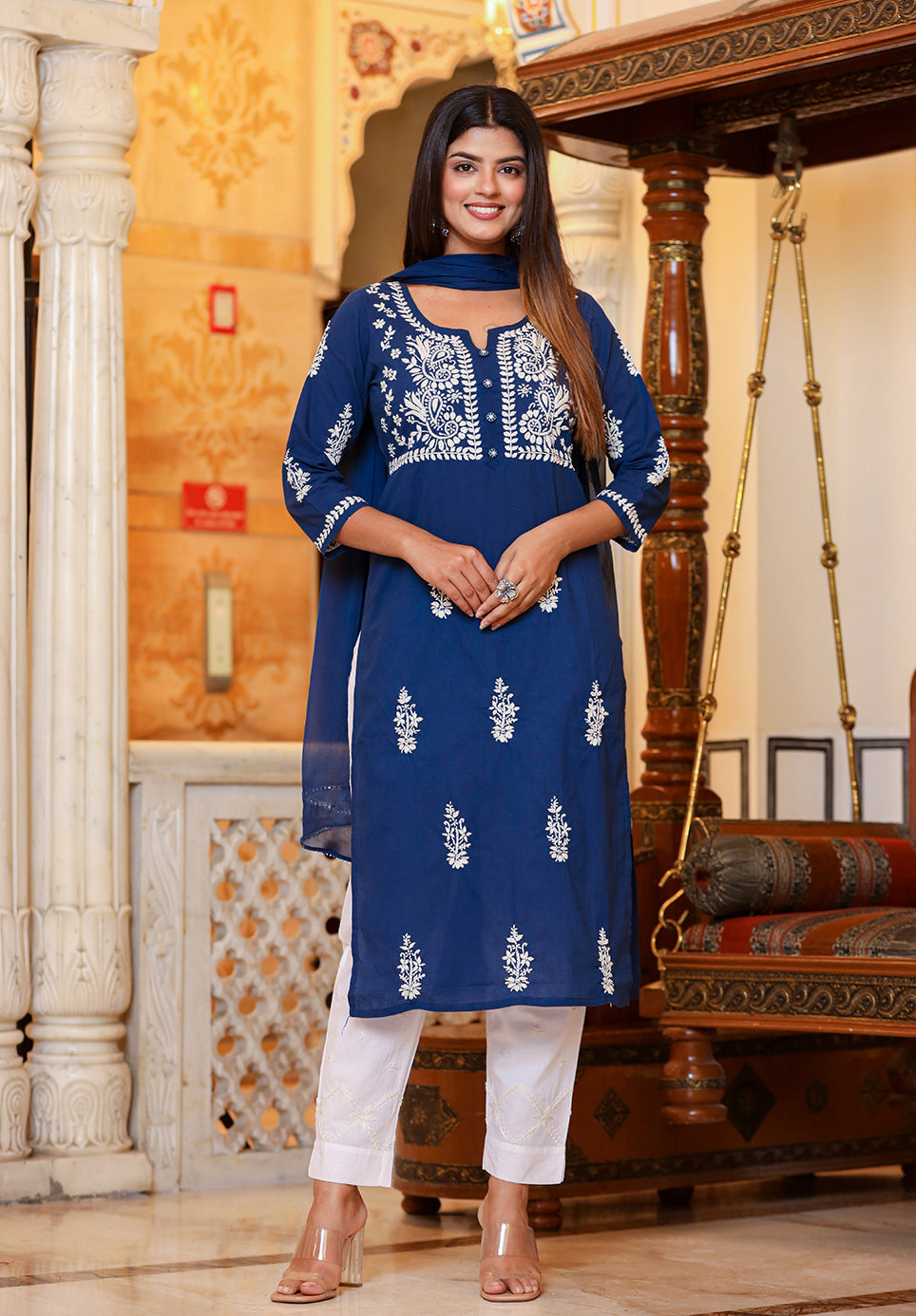Kaajh Women's Navy Blue Lucknow Chikankari Kurta Pant Set With Dupatta | Grocsy