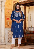 Kaajh Women's Navy Blue Lucknow Chikankari Kurta Pant Set With Dupatta | Grocsy