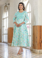 Kaajh Green Embroidered Cotton A-Line Kurta | Grocsy
