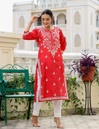Kaajh Women's Red Chikhankari Embroidered Kurta Pant Set | Grocsy