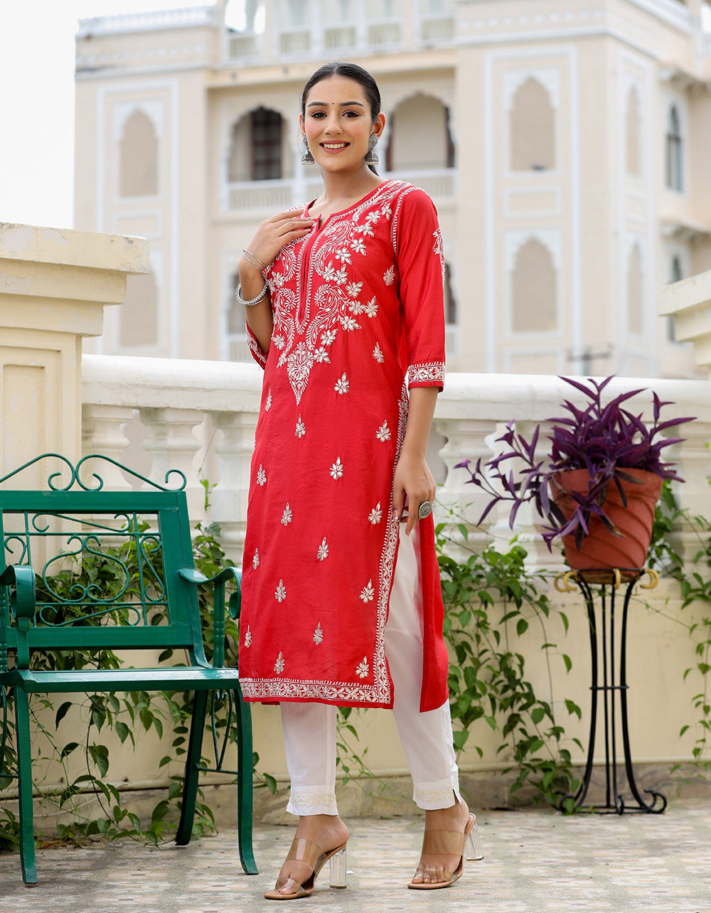 Kaajh Women's Red Chikhankari Embroidered Kurta Pant Set | Grocsy