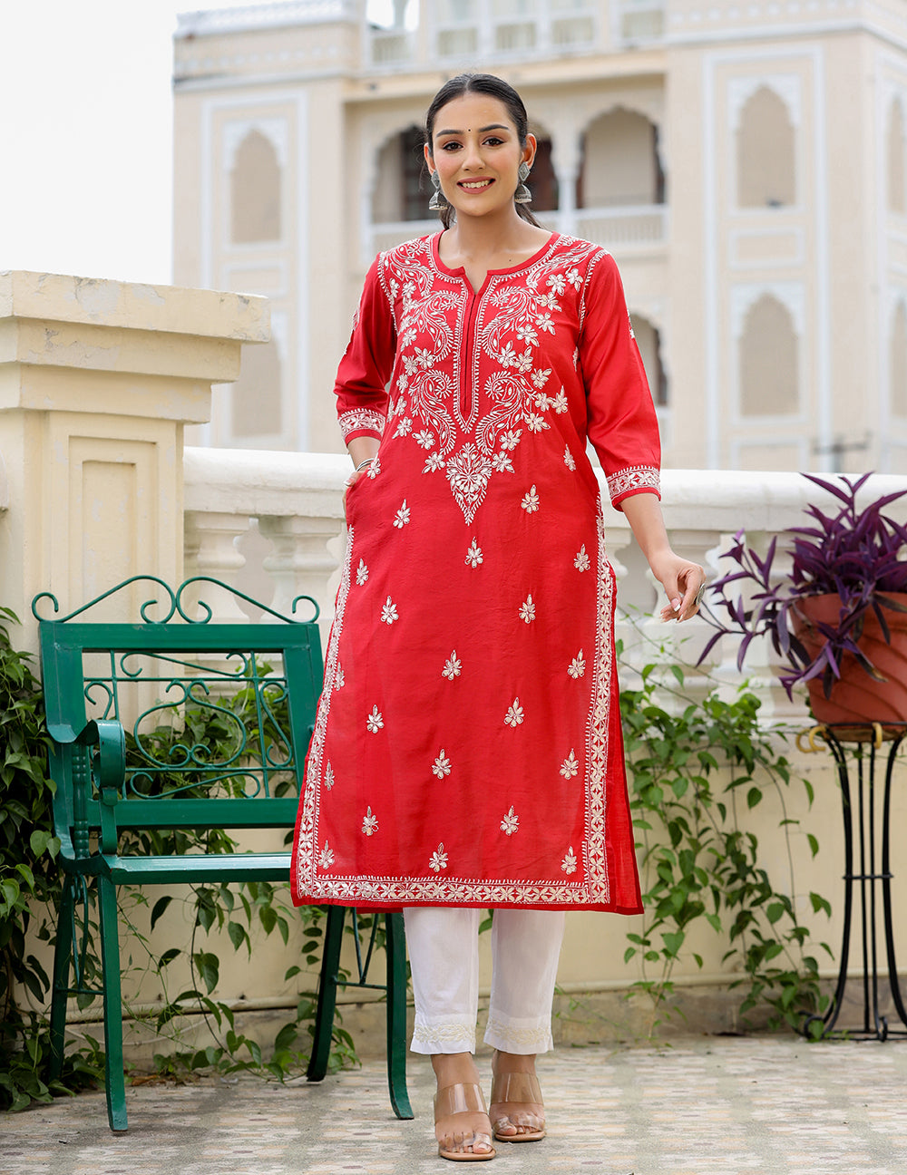 Kaajh Women's Red Chikhankari Embroidered Kurta Pant Set | Grocsy