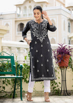 Kaajh Women's Black Chikhankari Embroidered Kurta Pant Set | Grocsy
