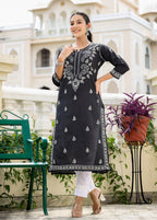 Kaajh Women's Black Chikhankari Embroidered Kurta Pant Set | Grocsy