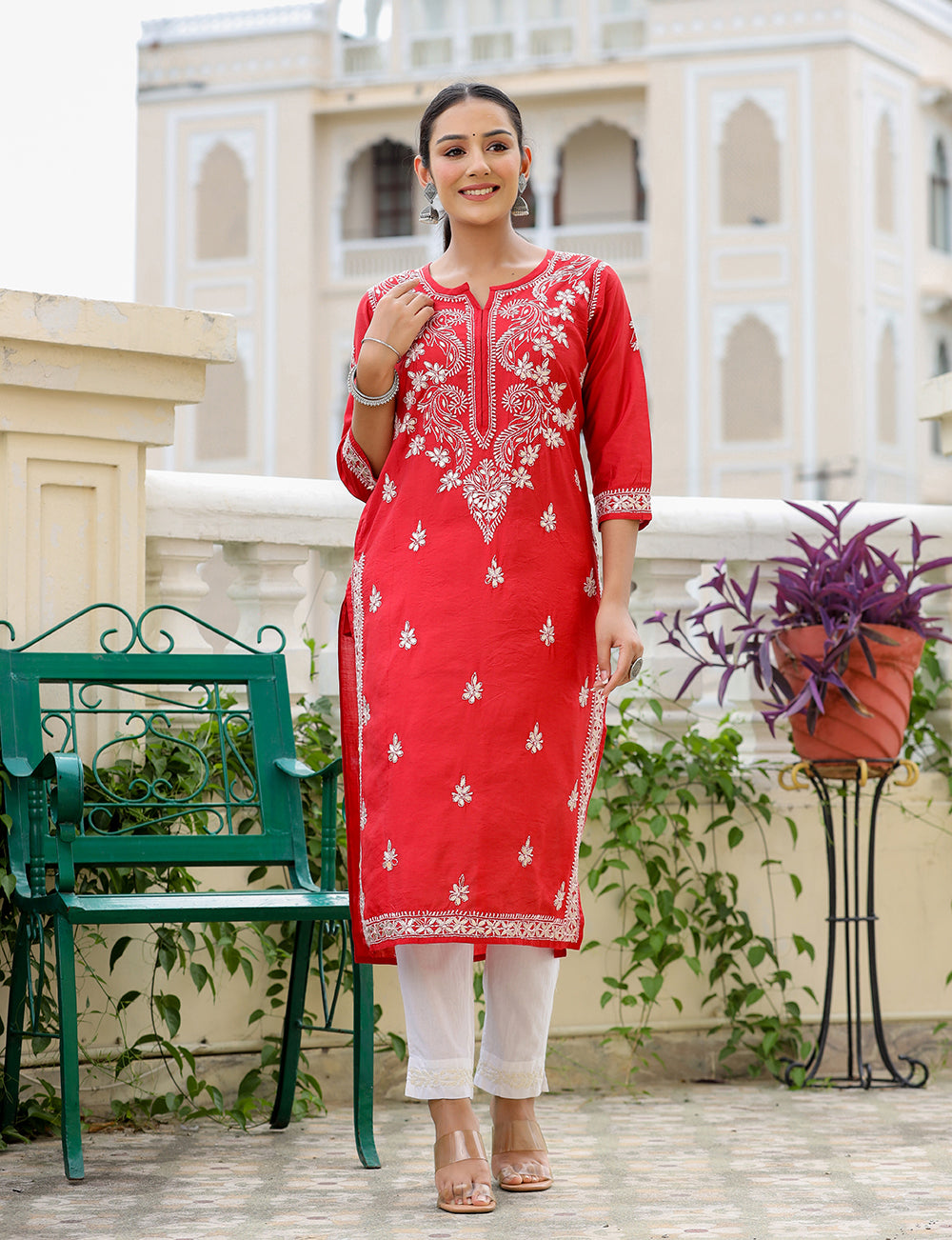 Kaajh Women's Red Chikhankari Embroidered Kurta Pant Set | Grocsy
