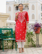 Kaajh Women's Red Chikhankari Embroidered Kurta Pant Set | Grocsy
