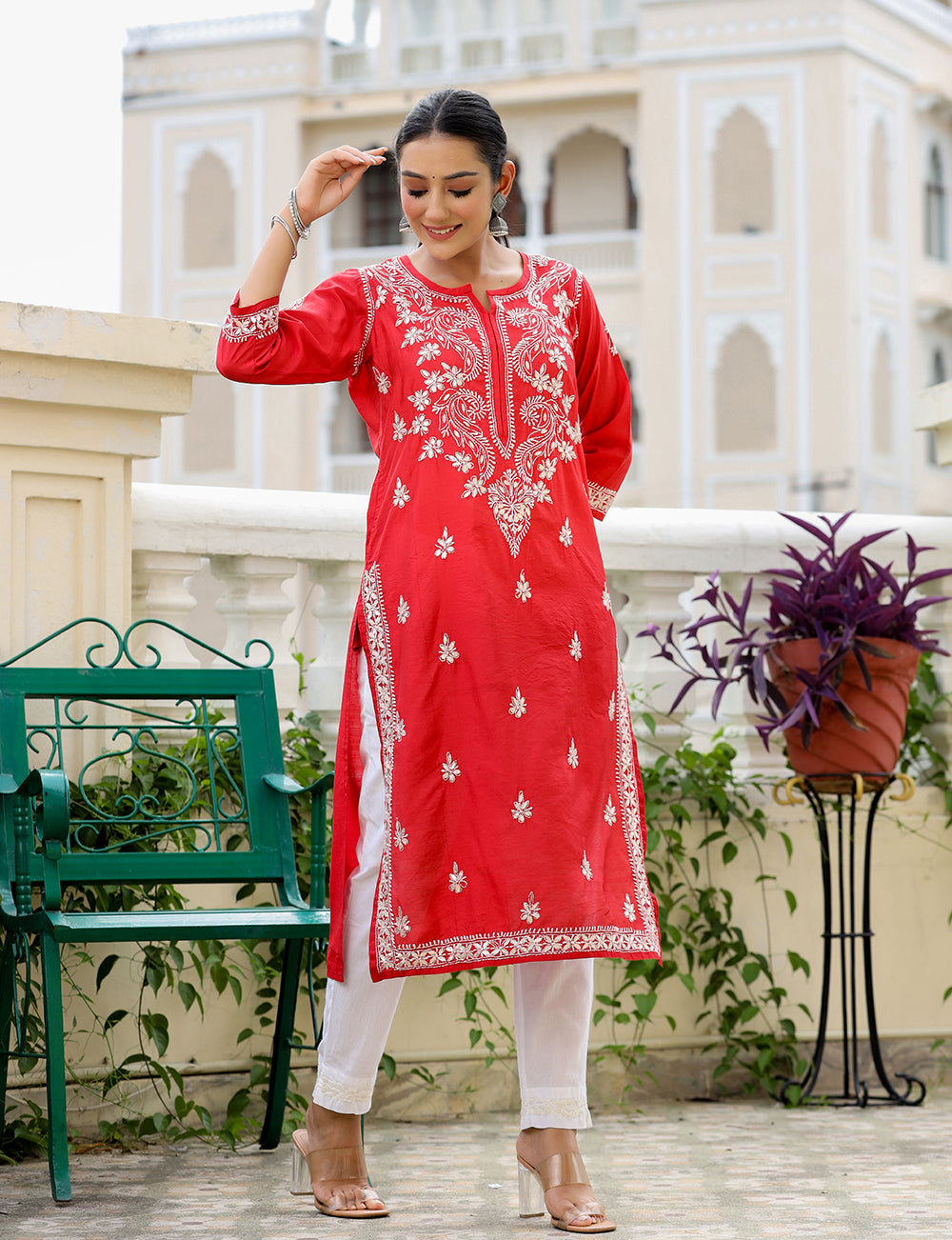 Kaajh Women's Red Chikhankari Embroidered Kurta Pant Set | Grocsy