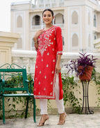 Kaajh Women's Red Chikhankari Embroidered Kurta Pant Set | Grocsy