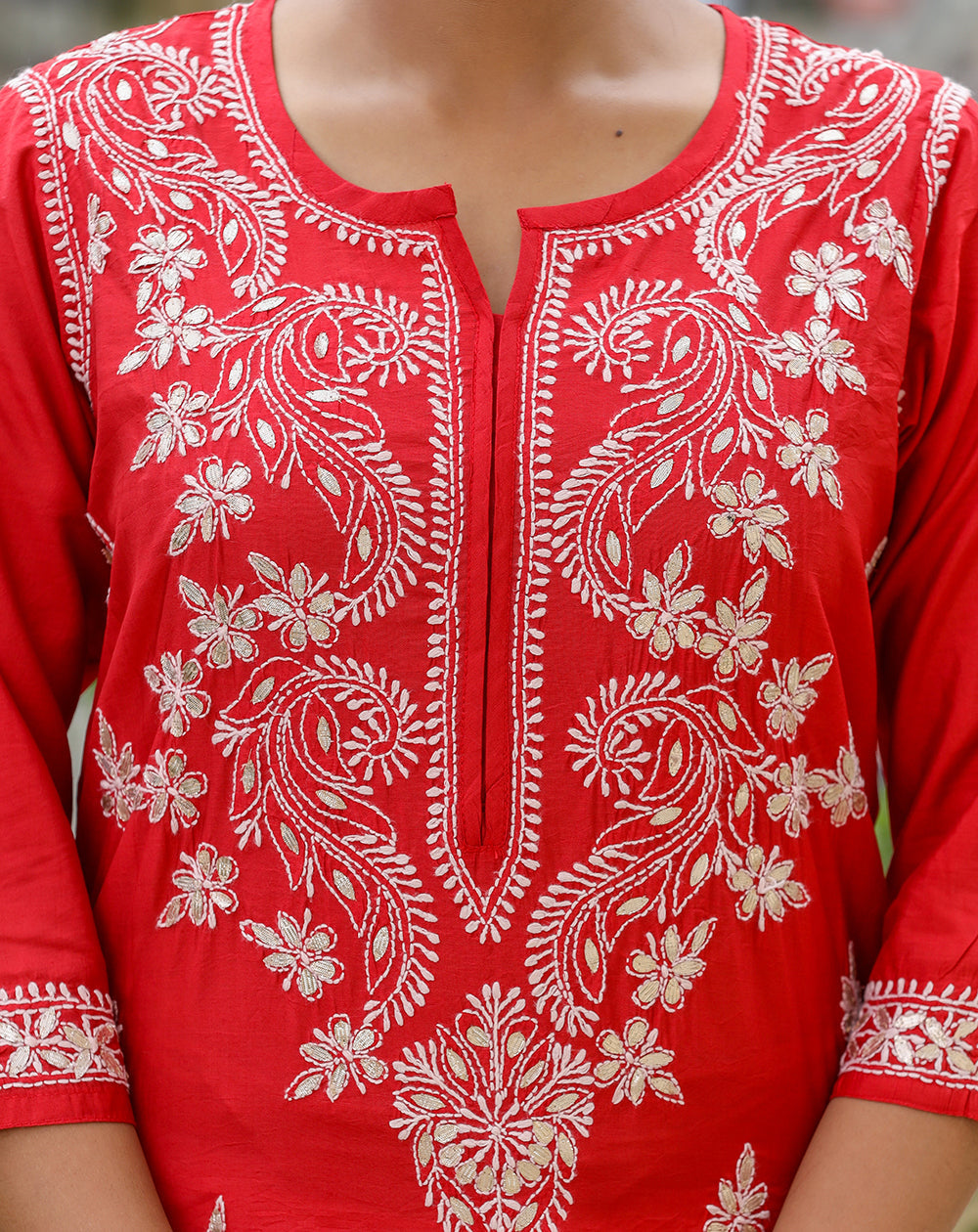 Kaajh Women's Red Chikhankari Embroidered Kurta Pant Set | Grocsy