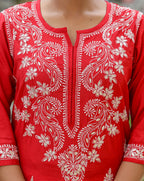 Kaajh Women's Red Chikhankari Embroidered Kurta Pant Set | Grocsy