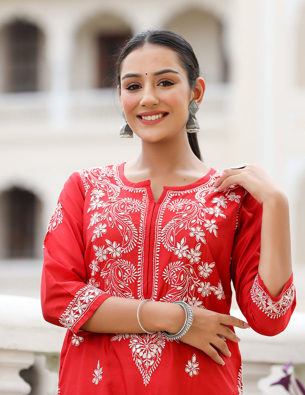Kaajh Women's Red Chikhankari Embroidered Kurta Pant Set | Grocsy