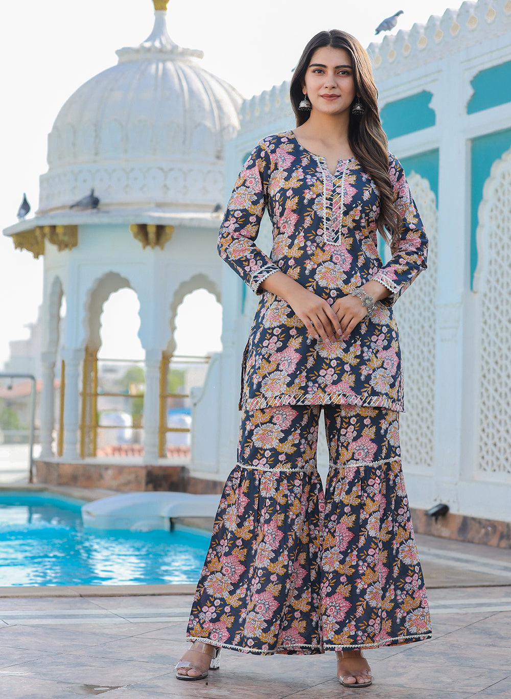 Kaajh Women's Grey Floral Printed Kurta With Sharara | Grocsy