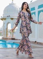 Kaajh Women's Grey Floral Printed Kurta With Sharara | Grocsy