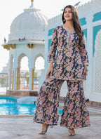 Kaajh Women's Grey Floral Printed Kurta With Sharara | Grocsy