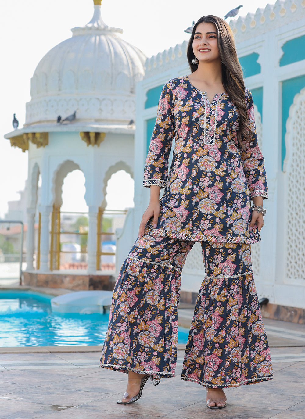 Kaajh Women's Grey Floral Printed Kurta With Sharara | Grocsy