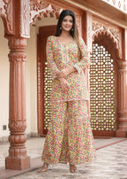 Kaajh Women's Yellow Floral Printed Kurta With Sharara | Grocsy