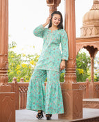 Kaajh Women's Green Floral Printed Kurta With Sharara | Grocsy