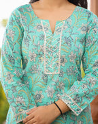 Kaajh Women's Green Floral Printed Kurta With Sharara | Grocsy