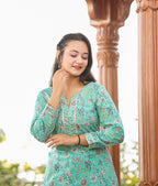 Kaajh Women's Green Floral Printed Kurta With Sharara | Grocsy