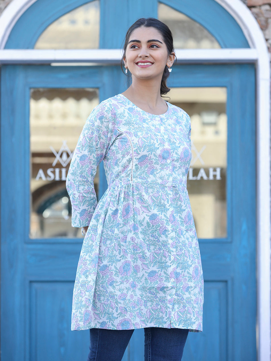 Kaajh White Floral Print Cotton Shirt Tunic | Grocsy