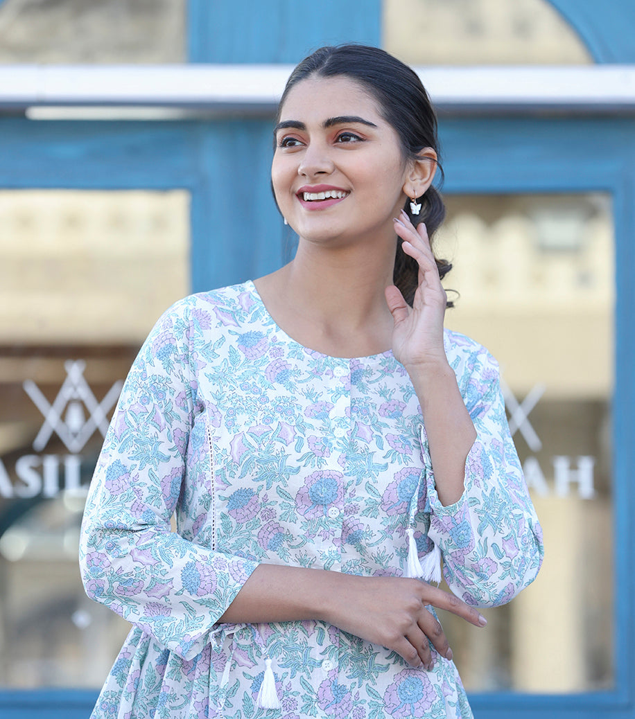 Kaajh White Floral Print Cotton Shirt Tunic | Grocsy