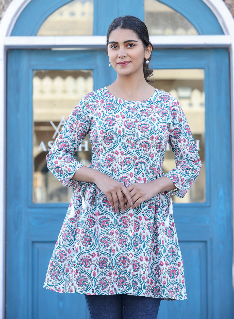 Kaajh White-Pink Floral Print Cotton Shirt Style Tunic | Grocsy